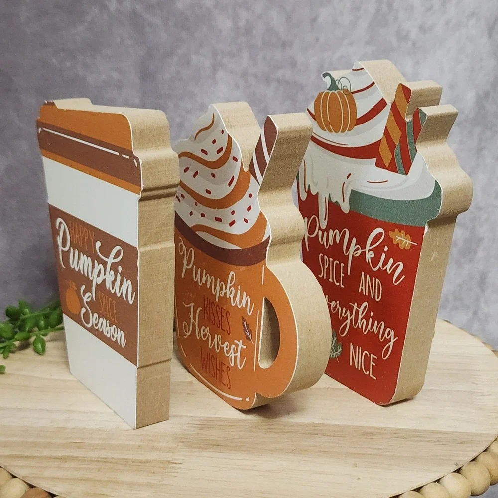 Pumpkin Spice Wood Signs Harvest Wishes Season Latte Coffee Mug Fall Autumn 3 Pc